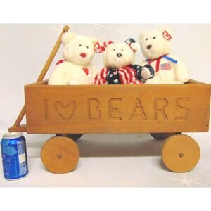 Beanie Buddy Teddy Bear Set 14" Wooden Wagon Liberty Spangle Valentino 4Pc Vtg